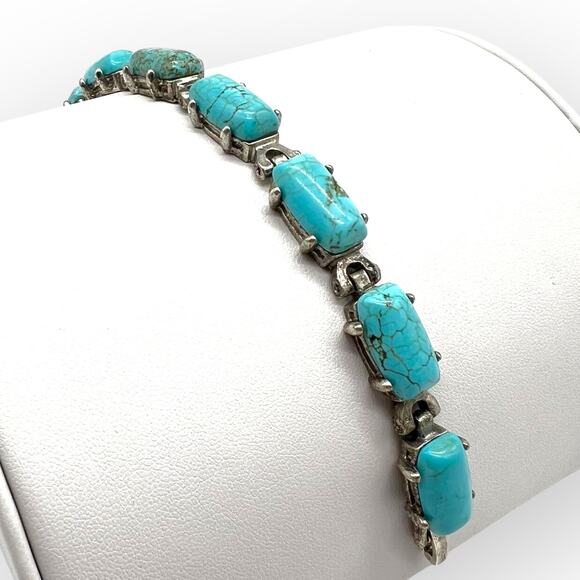 Burnished Silver Bracelet Turquoise Rectangular Semi Precious Stone Howlite - Picture 8 of 10